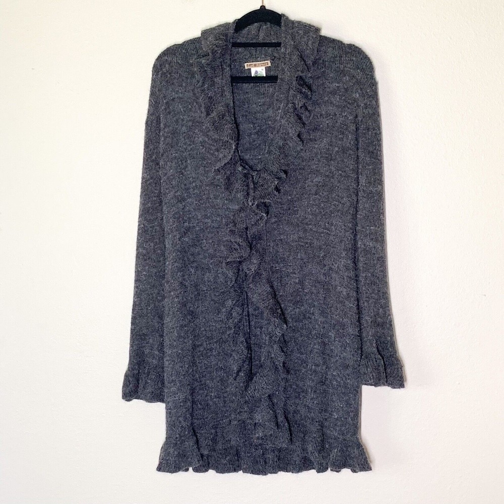 Lael Alpaca Sweater M Gray Ruffle Trim Tie Cardigan V-Neck Lightweight Knit